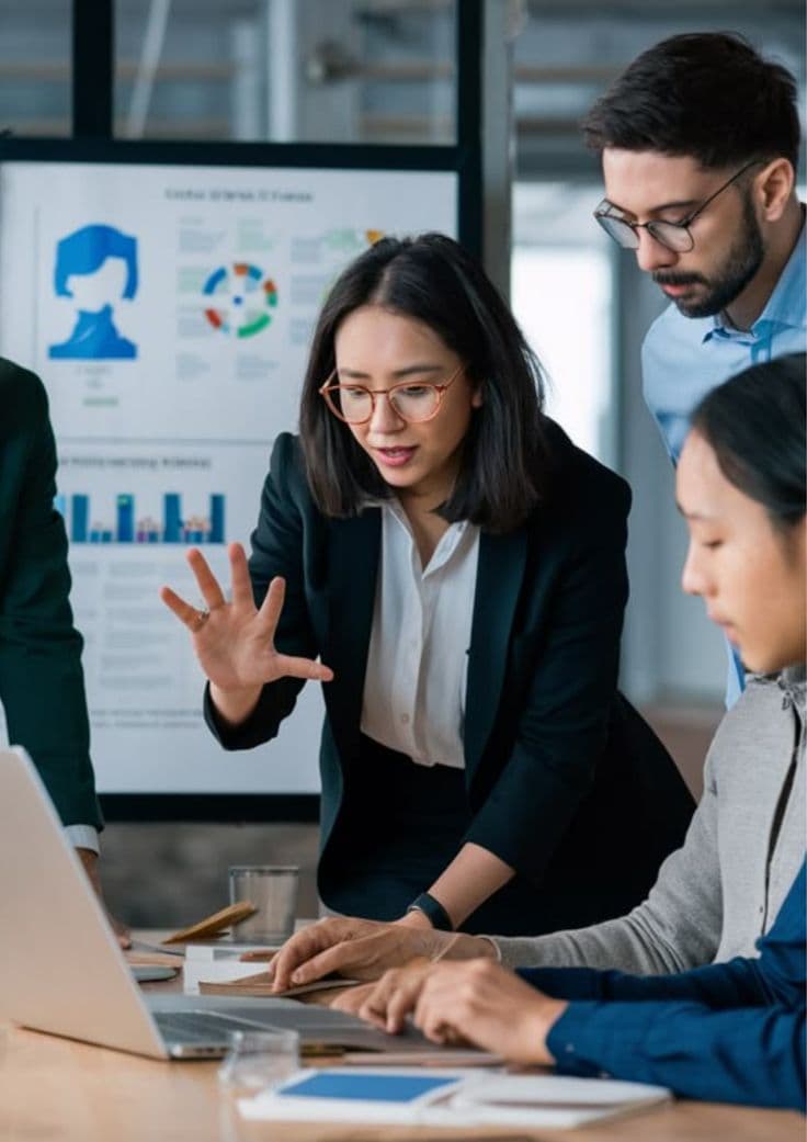 A mentor presenting business analytics to a team