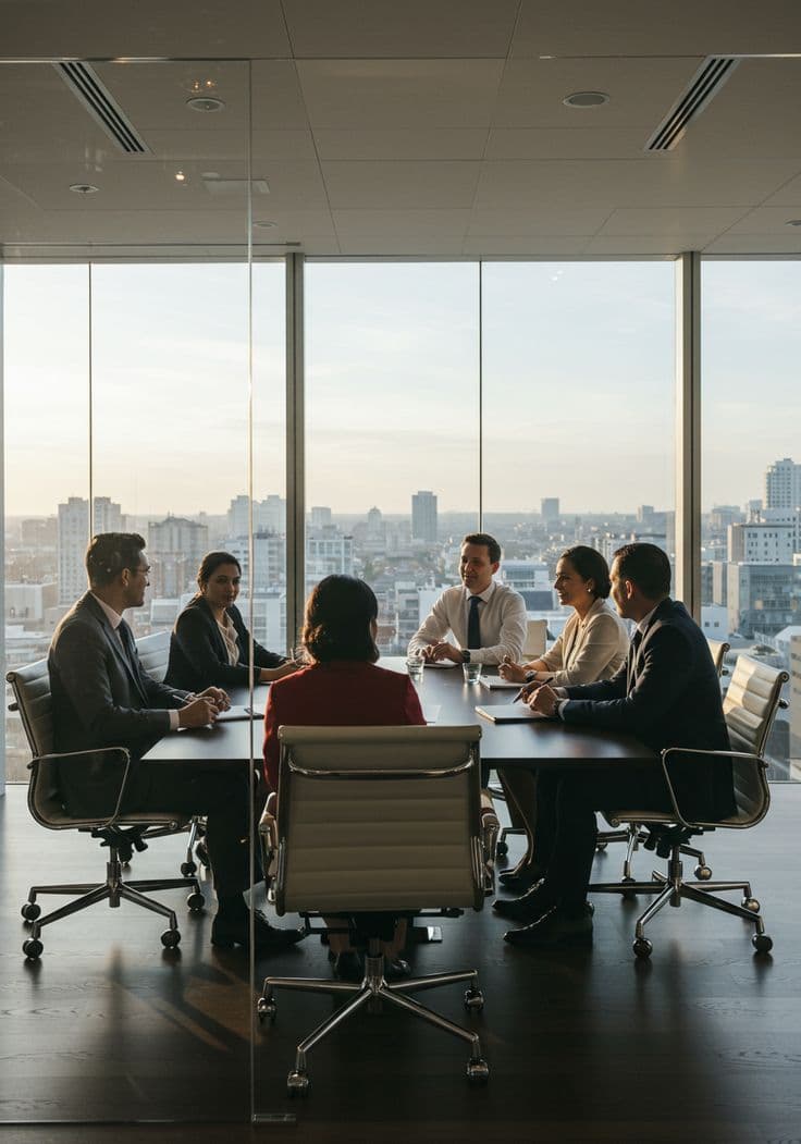 MSME founders in a strategy meeting overlooking the city